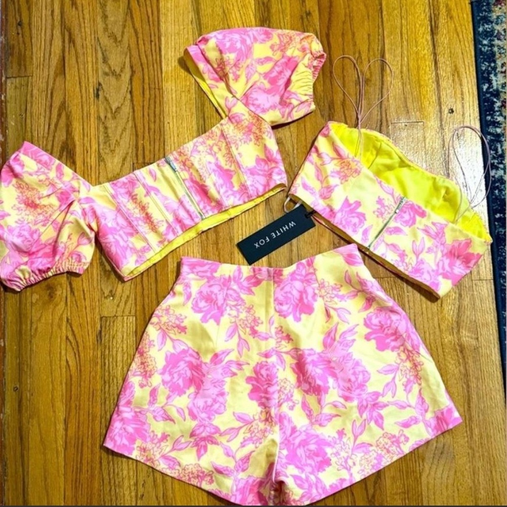 White Fox Boutique Pink and Yellow Floral 3-Piece Crop Top Set - Picture 2 of 3